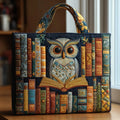 Quilted tote bag with an owl, old books and candlelight motif on a dark background
