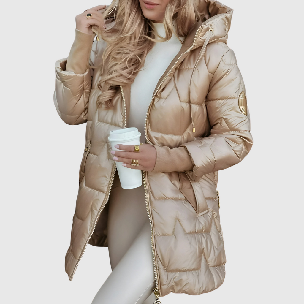 Elegant hooded jacket in beige with a warm lining and tailored silhouette