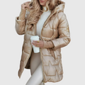 Elegant hooded jacket in beige with a warm lining and tailored silhouette