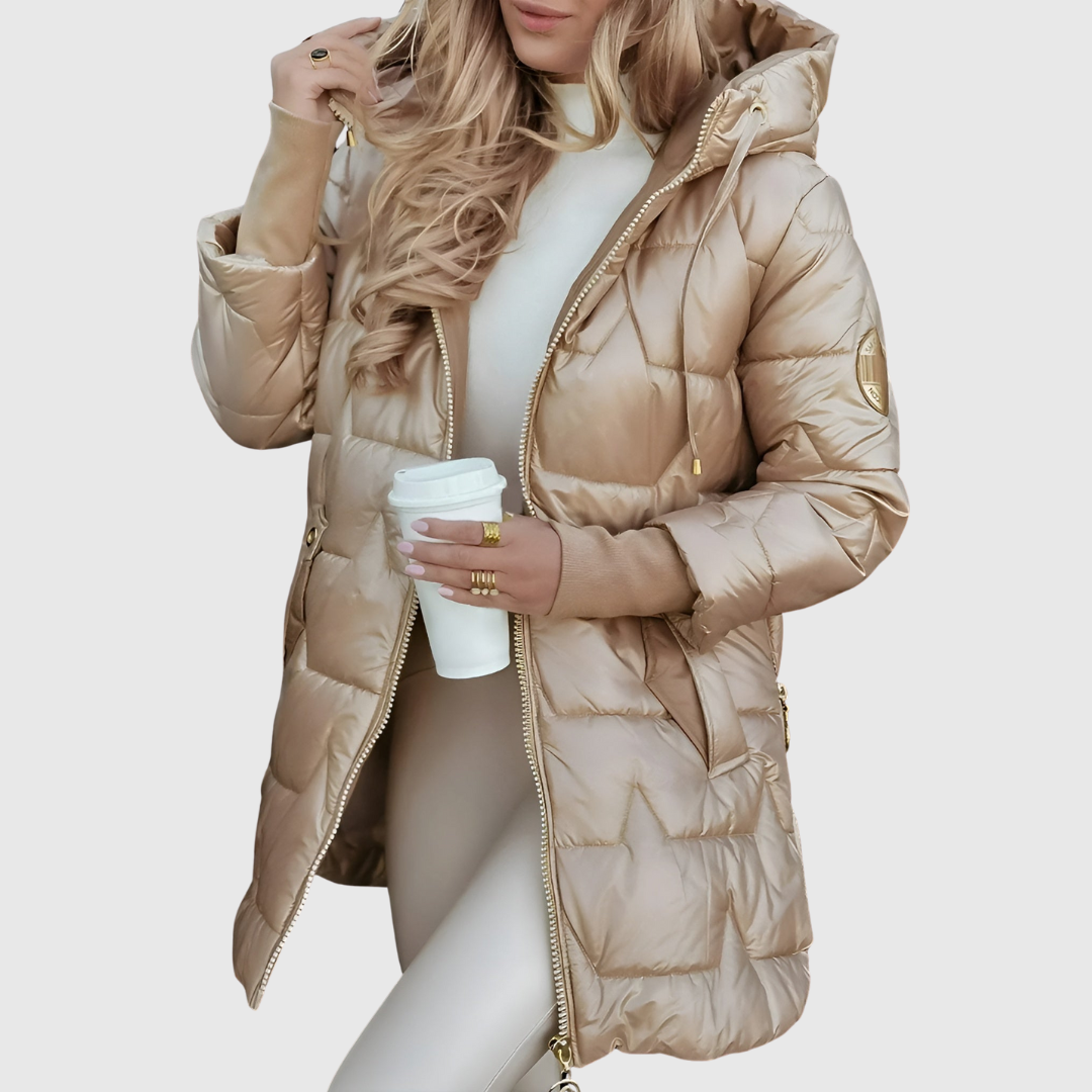 Elegant hooded jacket in beige with a warm lining and tailored silhouette