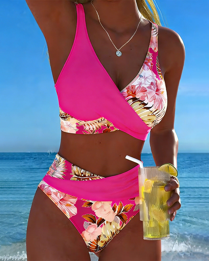 Floral bikini in pink with a cutout panel detail on the top