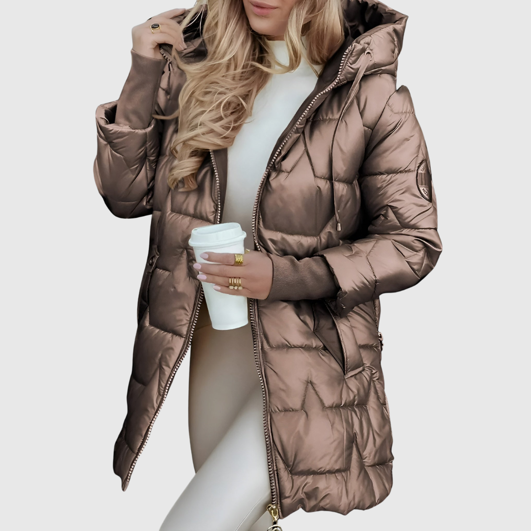 Elegant hooded jacket in beige with a warm lining and tailored silhouette