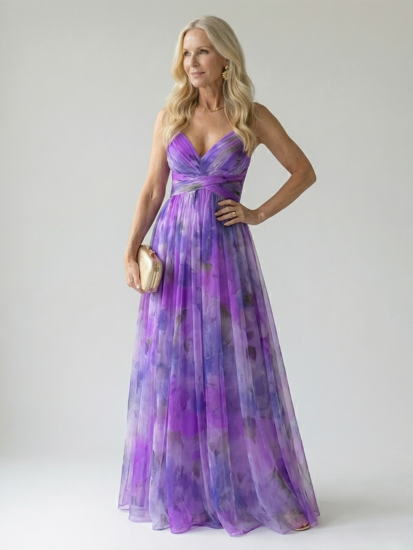 Multicolour sleeveless wrap maxi dress with thin straps, defined waist and flowing skirt
