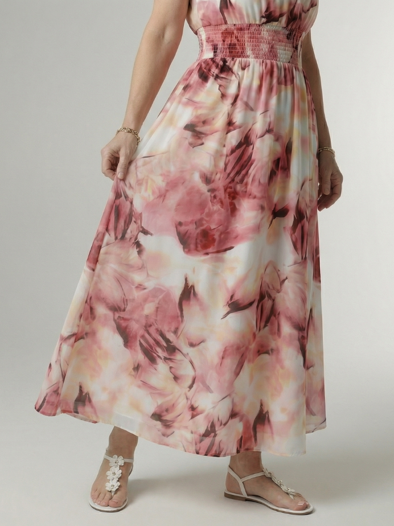 Yellow halter neck midi dress with a ruched waist detail in a clean, simple silhouette