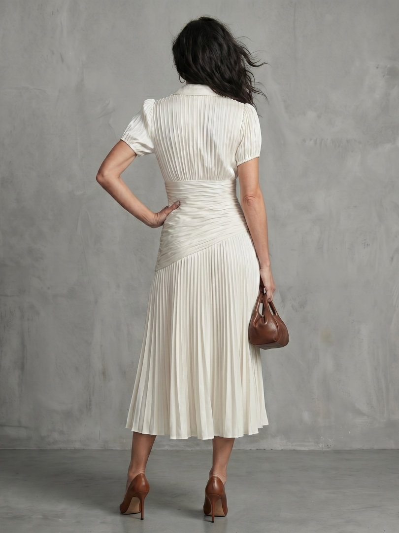 Blue and white striped midi dress with collared neckline and gently pleated waist and skirt