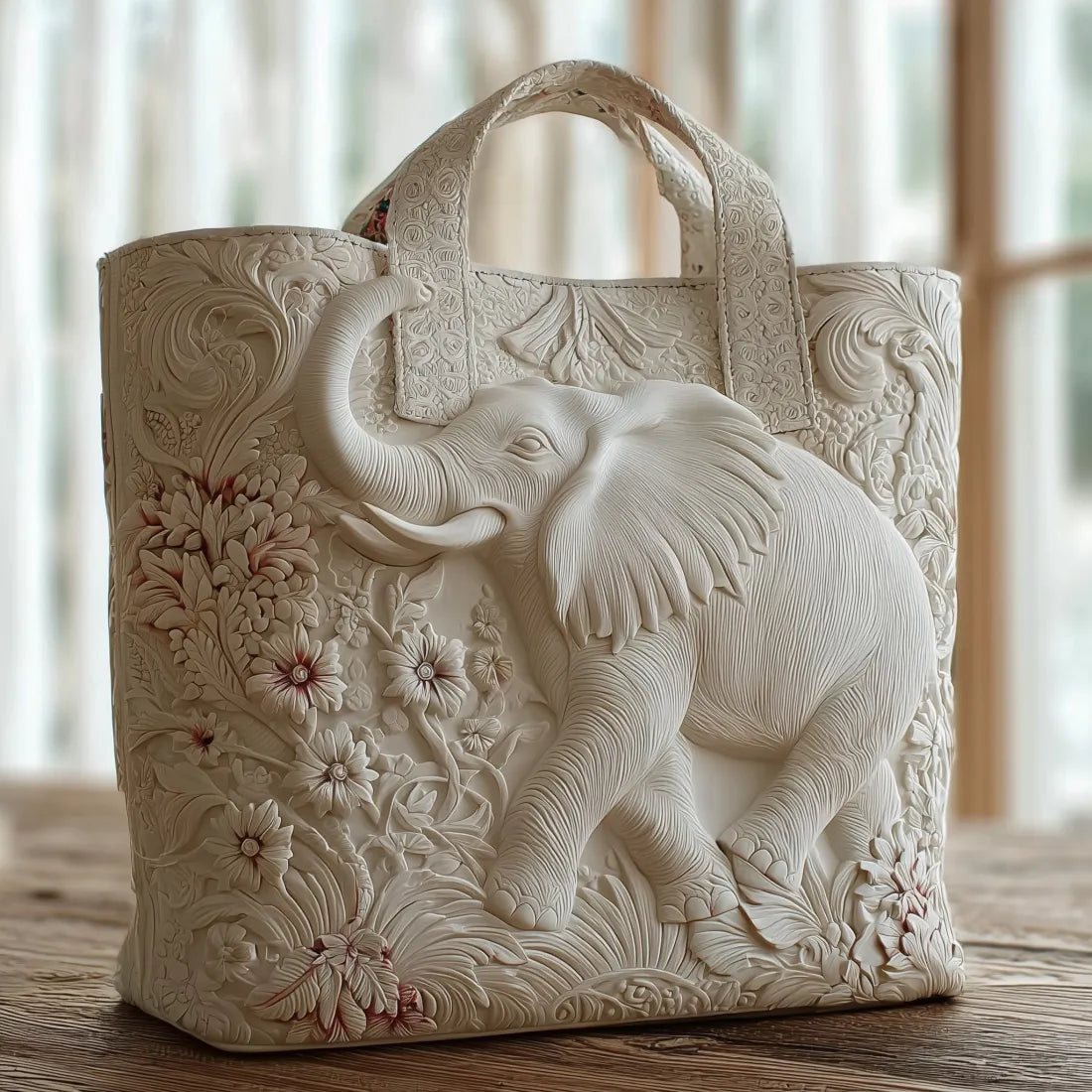 Quilted tote bag featuring a majestic elephant motif on a structured padded body with wave-stitch quilting