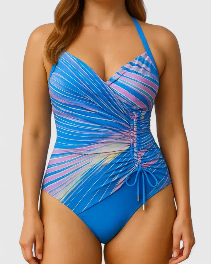 Women's striped ruched-front swimsuit in black, navy, rose, light blue and marine stripe colourways