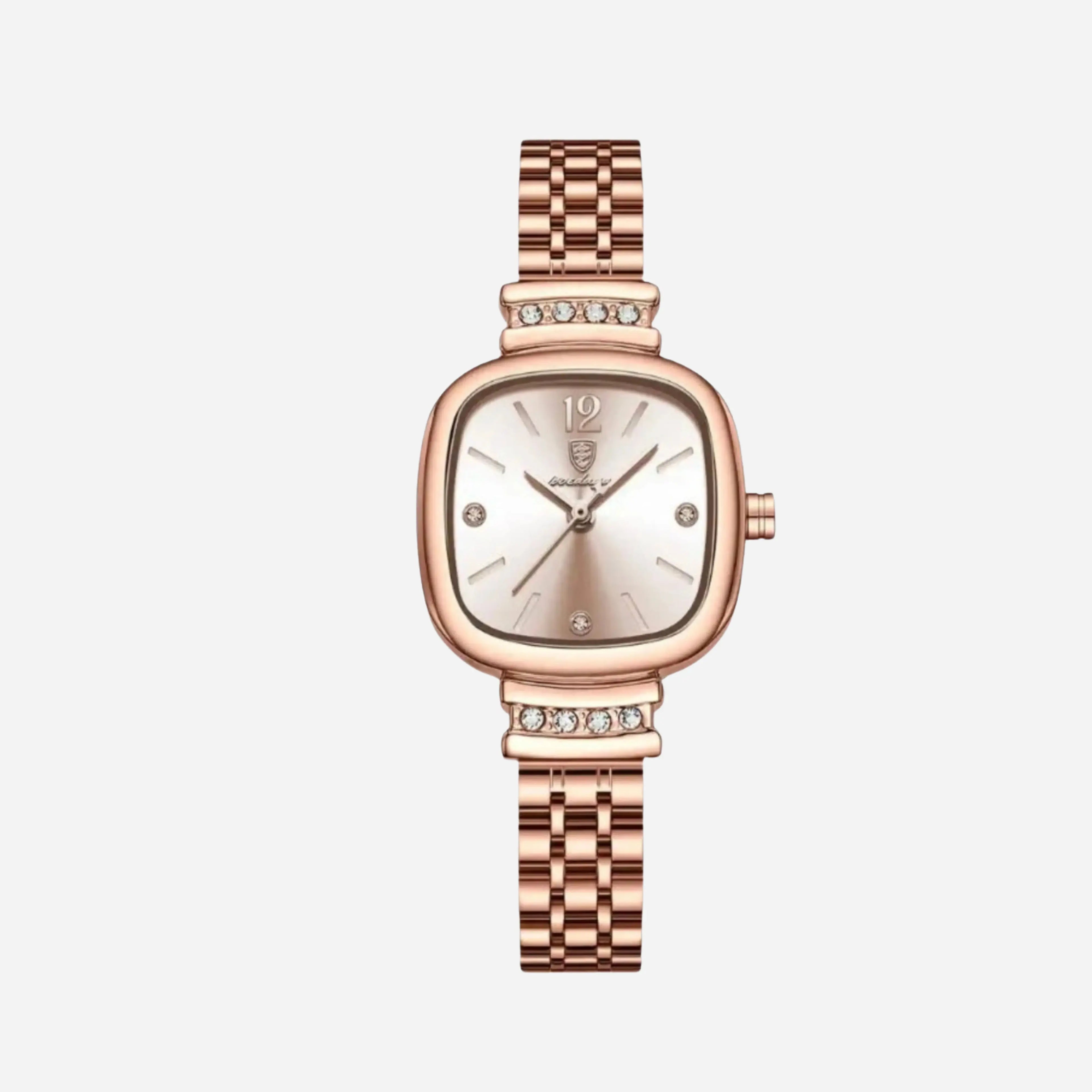 Women's vintage-inspired watch with warm bronze case and matte strap in rose gold