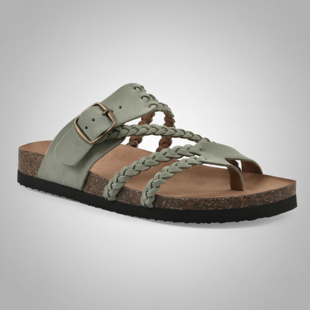 Natural woven flat sandal with an adjustable buckle strap and cushioned footbed