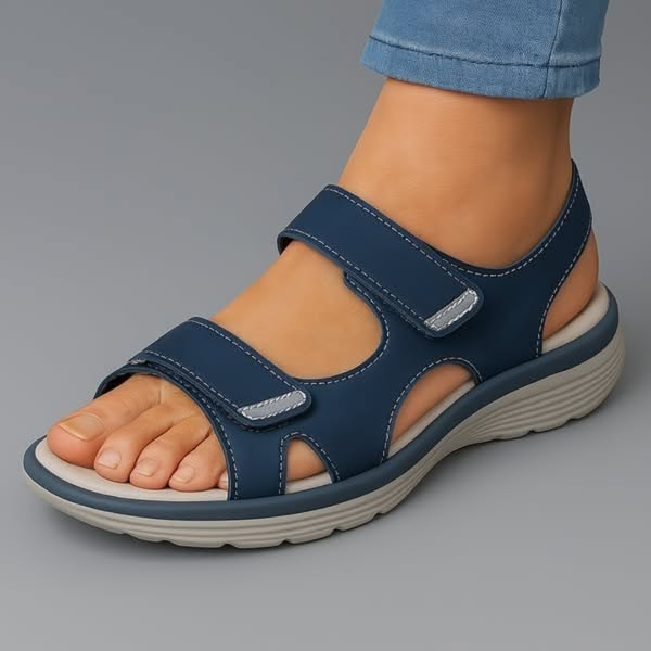 Women's adjustable strap summer sandals with a broad cushioned base in blue, grey and black