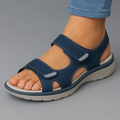 Women's adjustable strap summer sandals with a broad cushioned base in blue, grey and black