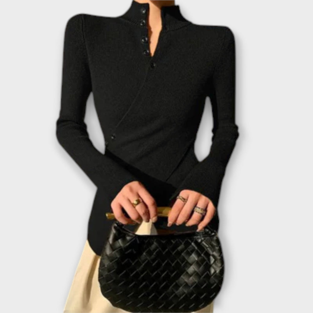 Black and white stripe high-neck top with an asymmetric detail in a slim flattering silhouette