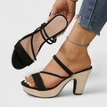 Women's strappy block-heel sandals in black with slim adjustable straps