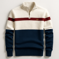 Men's half-zip jumper with contrast horizontal stripe design in navy and white