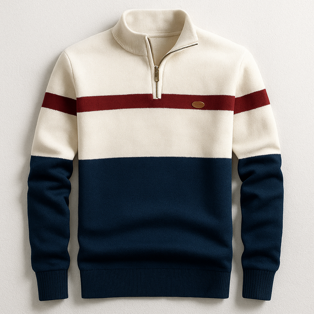 Men's half-zip jumper with contrast horizontal stripe design in navy and white