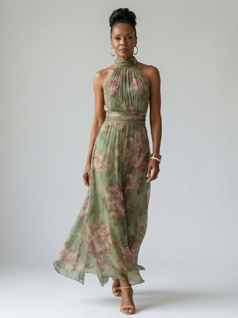 Sage green floral halter-neck midi dress with ruched neckline and flowing skirt