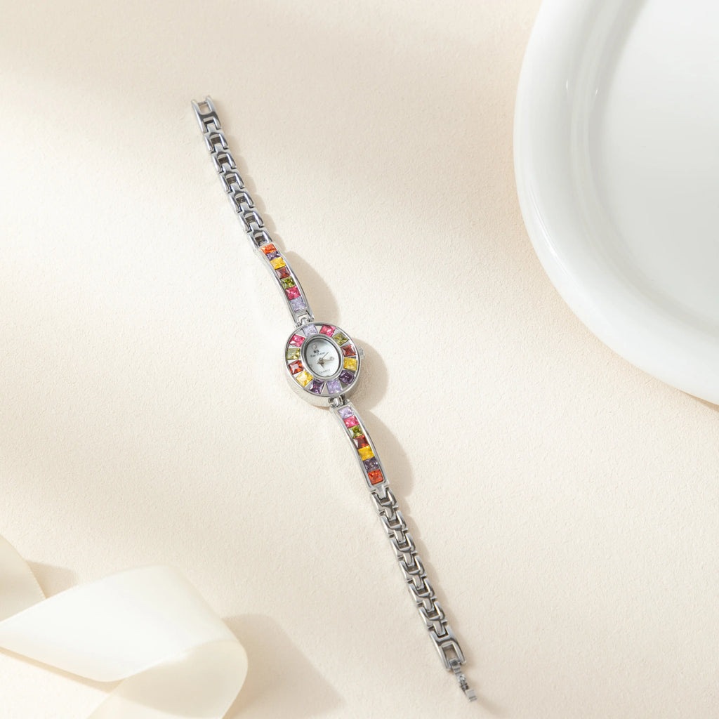 Women's colourful watch with golden detail trim in gold tones