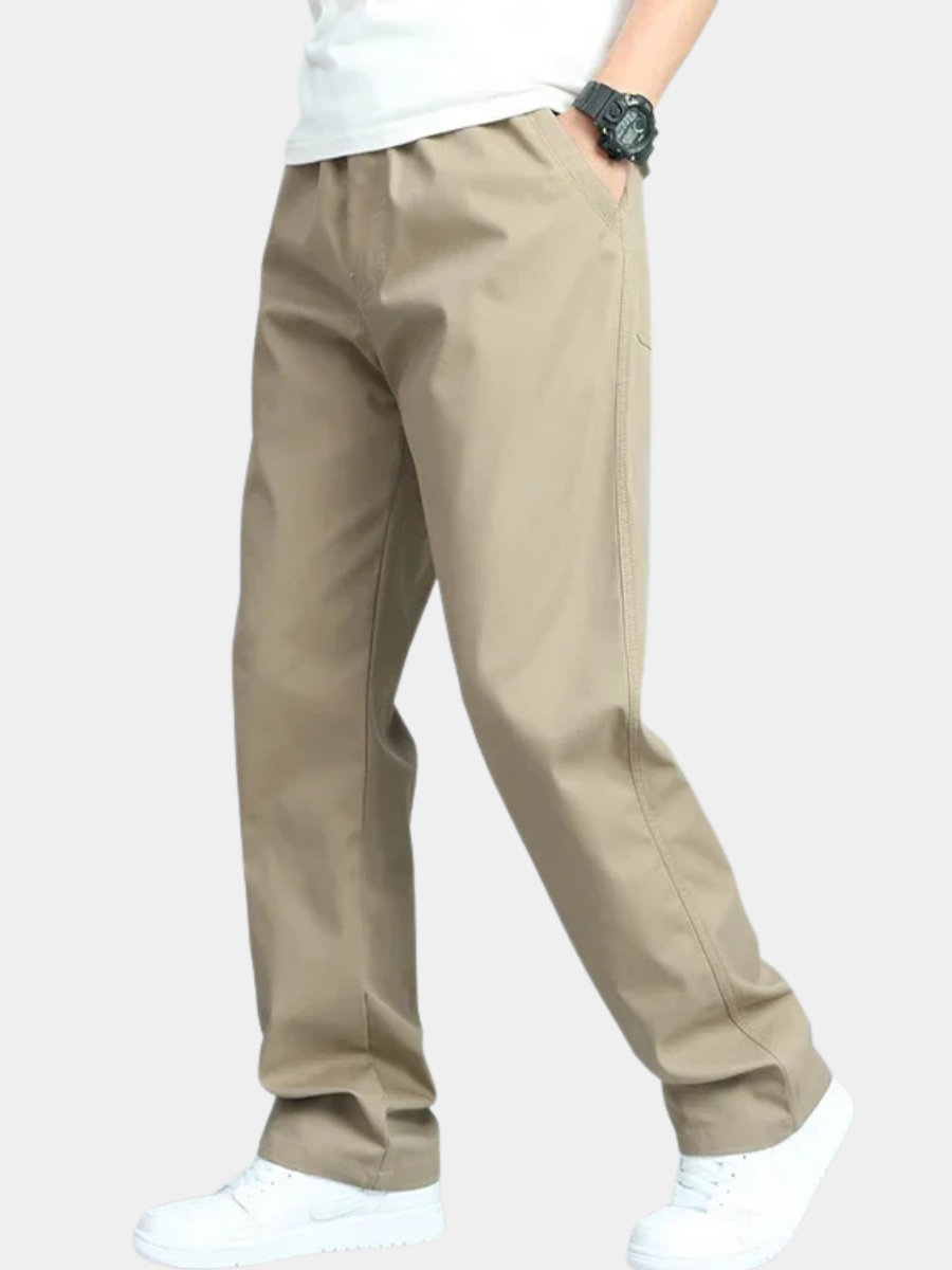 Men's wide-leg relaxed trousers in khaki with a clean straight silhouette and side pockets