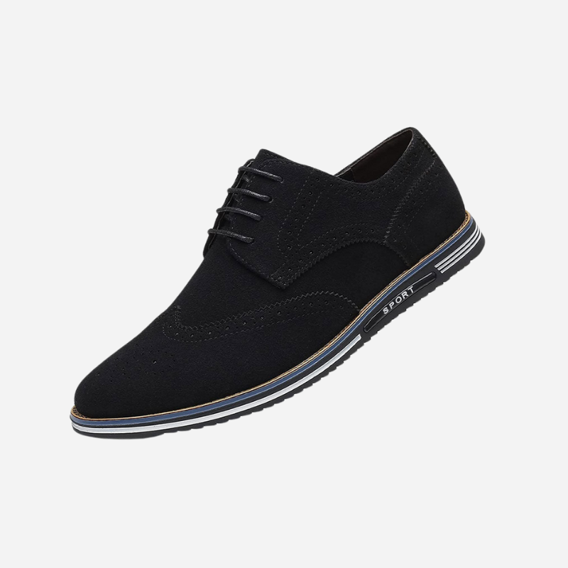Men's black luxury dress shoes with a sleek pointed silhouette and polished smooth upper