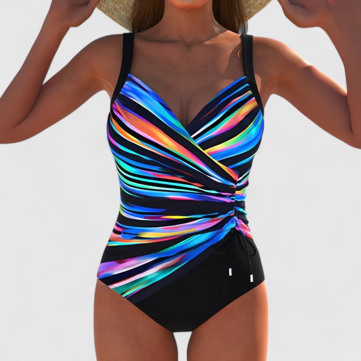 Vibrant multicolour one-piece swimsuit with a softly draped front