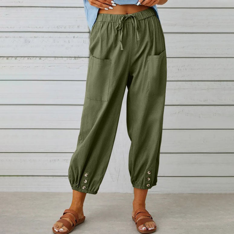 Wide-leg drawstring trousers in khaki with an elasticated waist and relaxed silhouette
