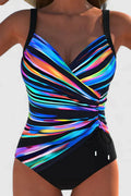 Women's striped ruched-front swimsuit in black, navy, rose, light blue and marine stripe colourways