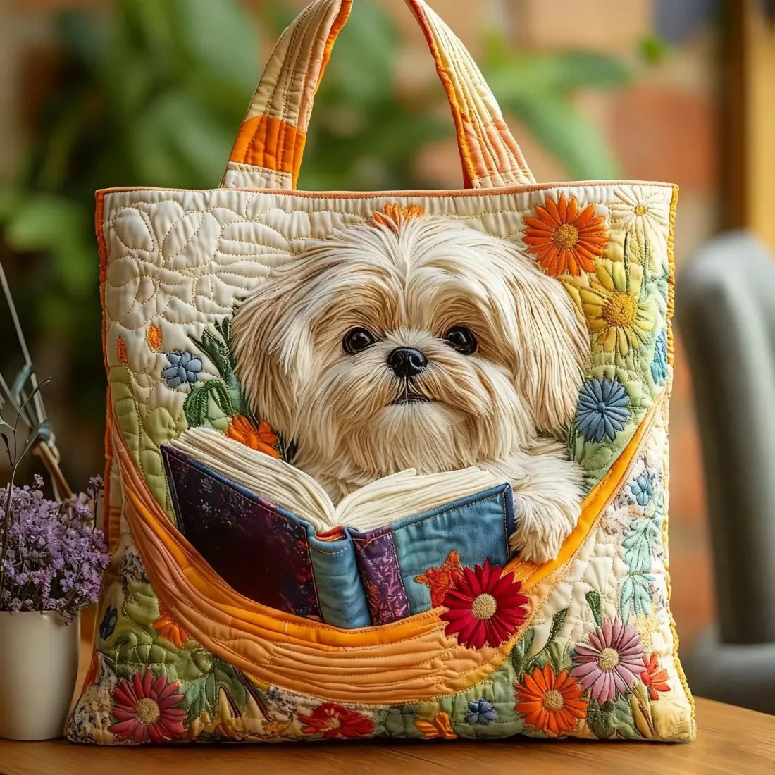 Quilted tote bag with a Shih Tzu dog amongst books and flowers on a wave-stitch body