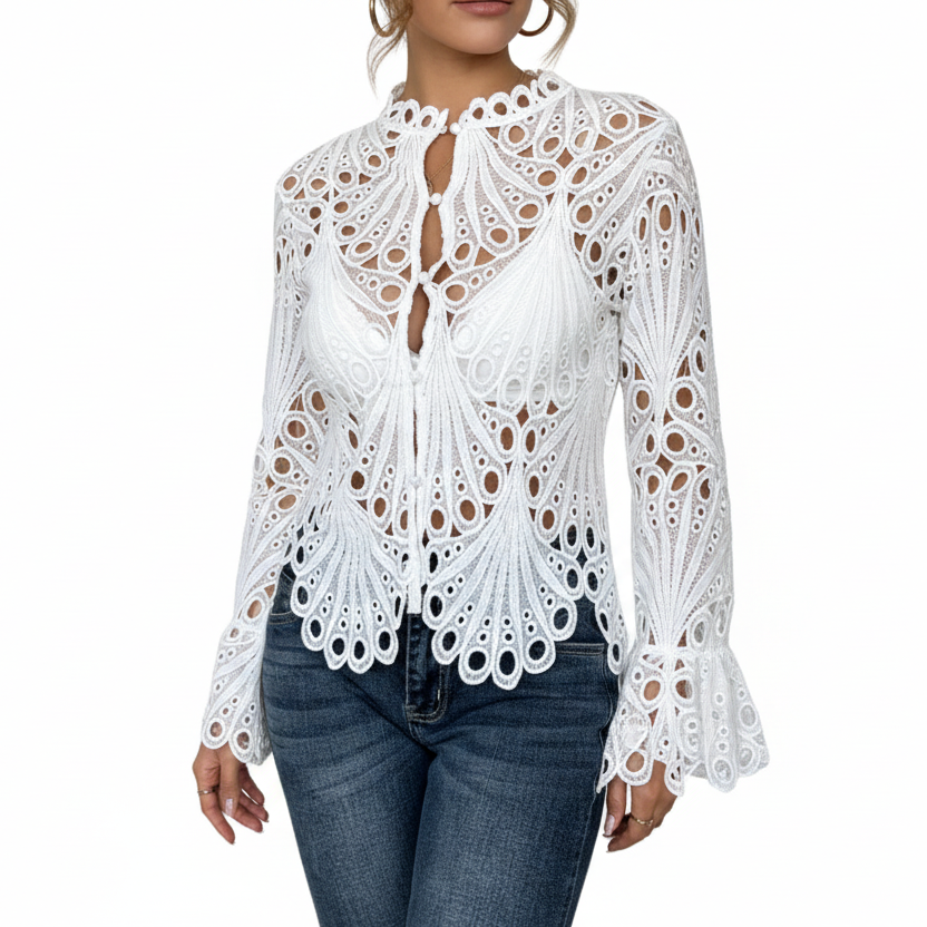 Women's openwork trim blouse in white with wide flowing sleeves and a romantic floral openwork front panel
