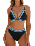 High-waist bikini in green with multicolour stripe detail at the waist
