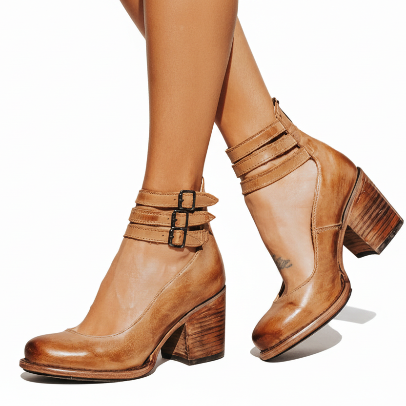 Women's block heel strappy shoes in brown with a vintage-inspired multi-strap design