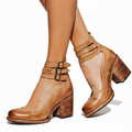 Women's block heel strappy shoes in brown with a vintage-inspired multi-strap design