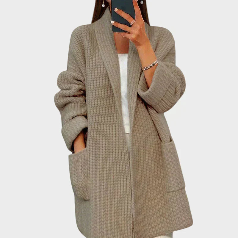 Ribbed open-front cardigan in beige and camel tones with deep front pockets