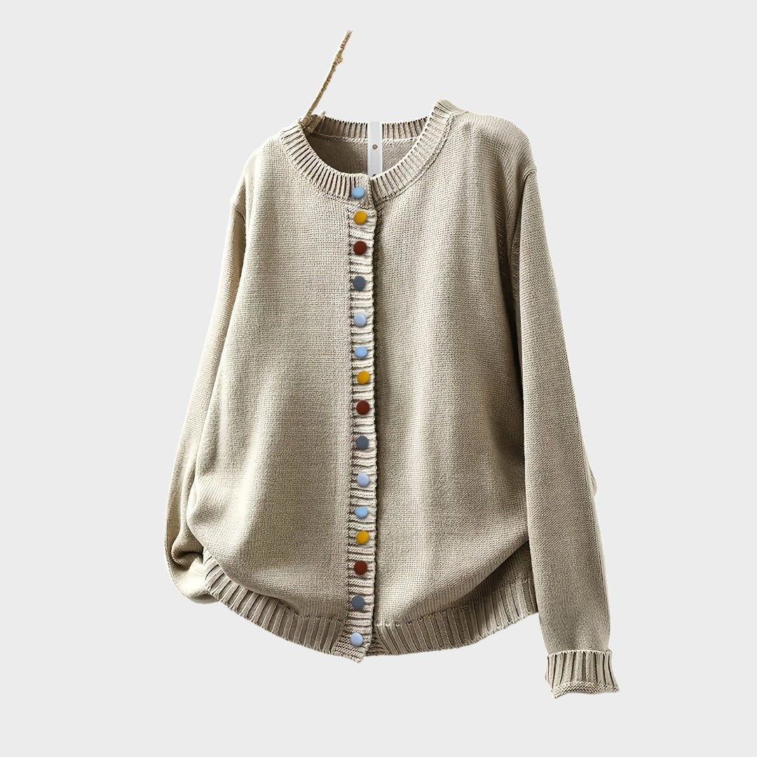 Elegant everyday cardigan in beige, dark brown and green tones with a clean, fitted silhouette