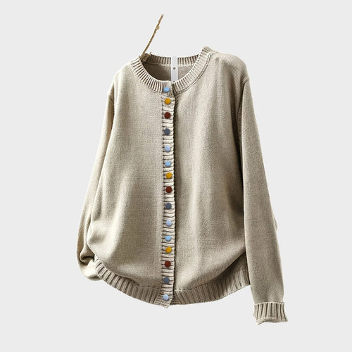 Elegant everyday cardigan in beige, dark brown and green tones with a clean, fitted silhouette