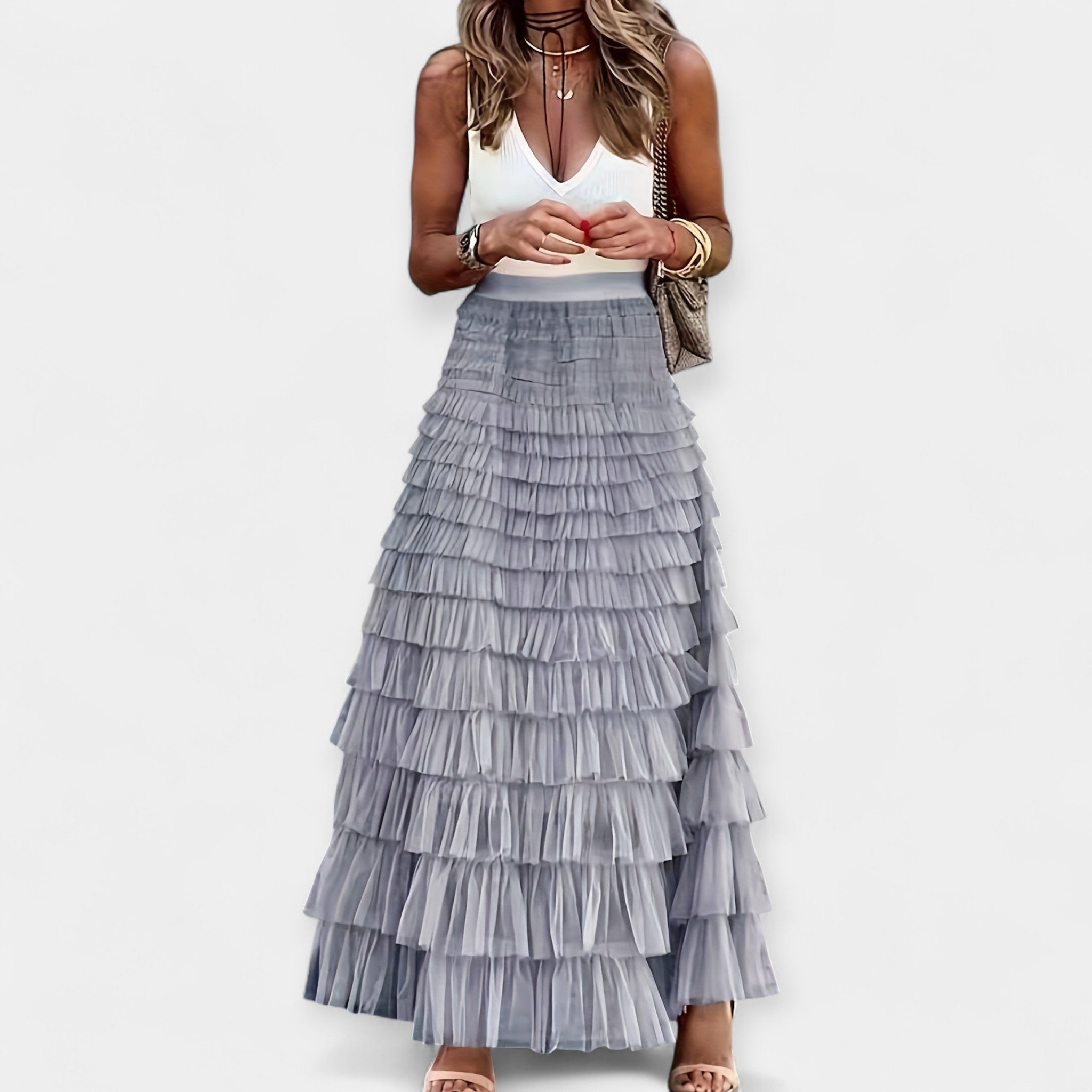 Boho high-waist midi skirt in dark green with a mesh hem border detail