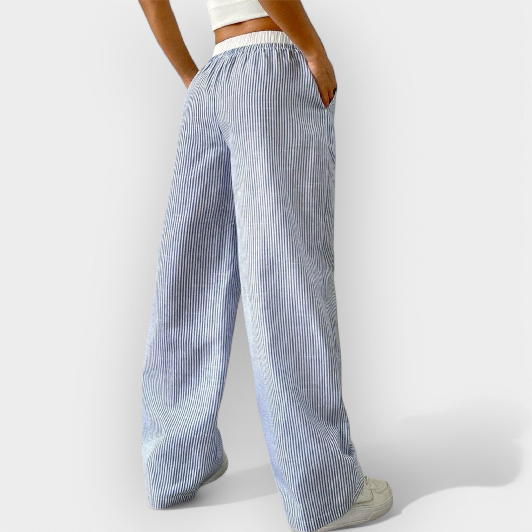 Women's wide-leg trousers in blue with fine vertical stripes and an ultra-wide waistband