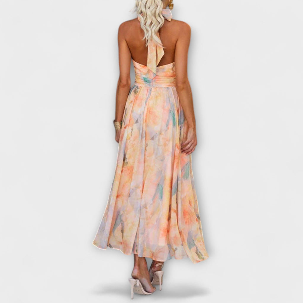 Flowing watercolour print maxi dress with open back in soft multi-tone colours