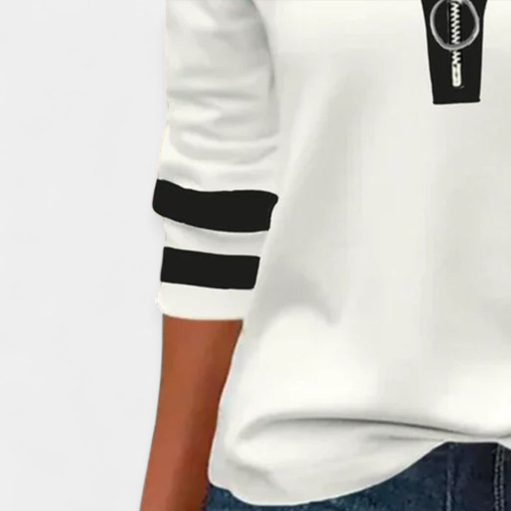Long-sleeve blouse with decorative zip detail and V-neckline in a modern contemporary cut