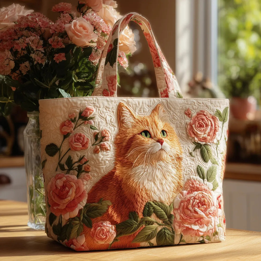 Quilted tote bag featuring a red cat amongst roses on a wave-stitch background