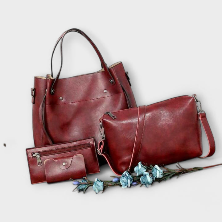 A woman carrying a coordinated vintage-style four-piece bag set on a day out