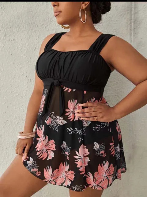 Printed swim dress with gathered skirt in black with polka dots