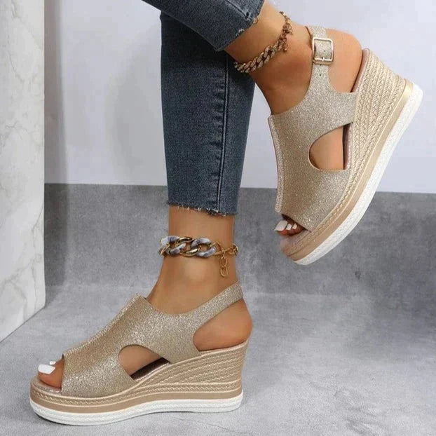 Silver shimmer peep toe wedge sandals with back strap