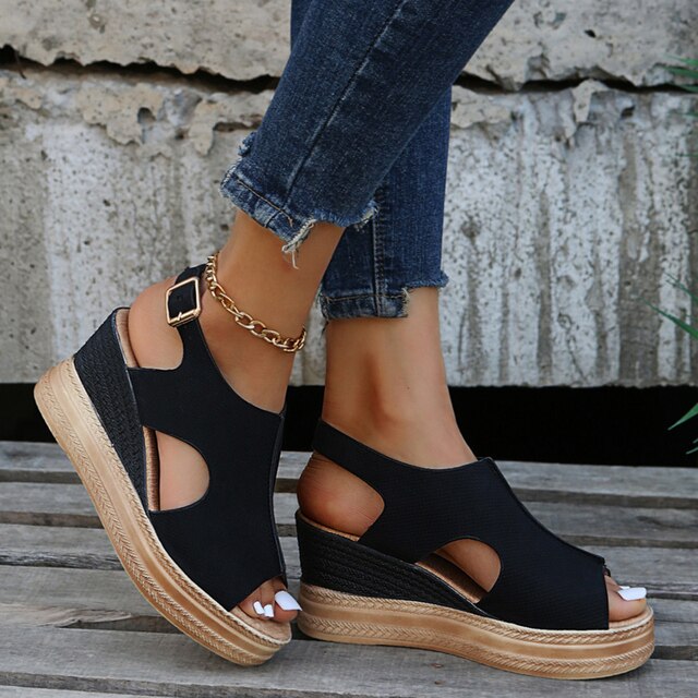 Silver shimmer peep toe wedge sandals with back strap