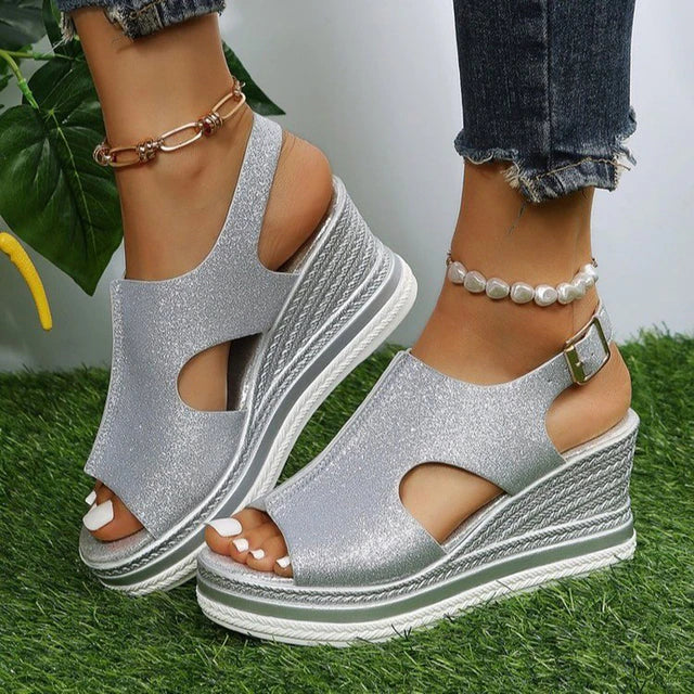 Silver shimmer peep toe wedge sandals with back strap