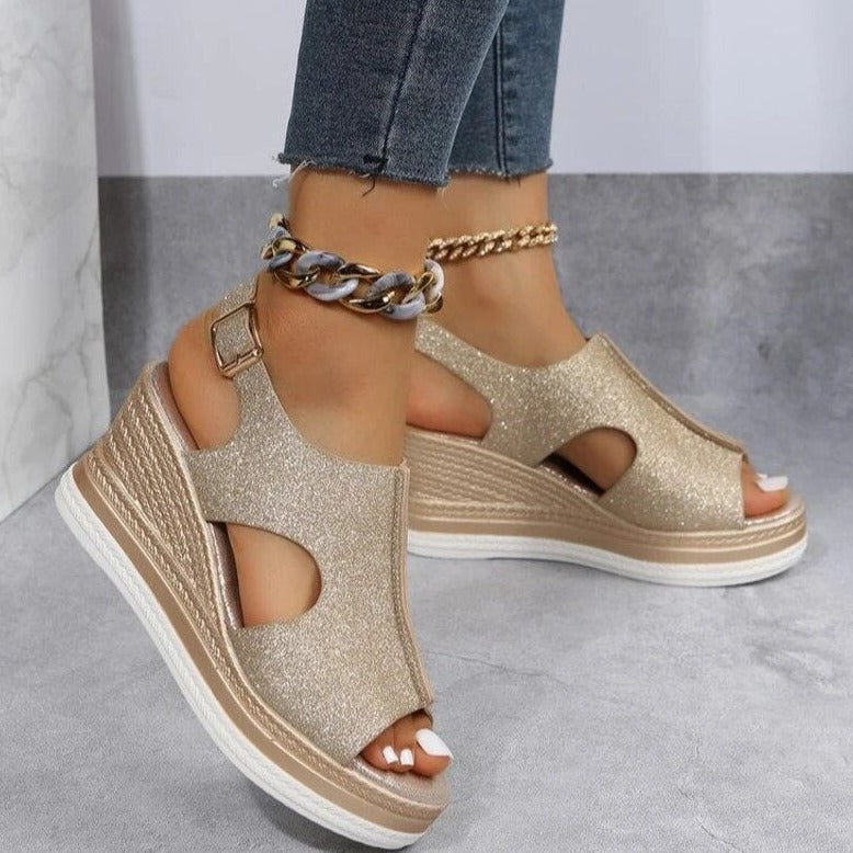 Silver shimmer peep toe wedge sandals with back strap