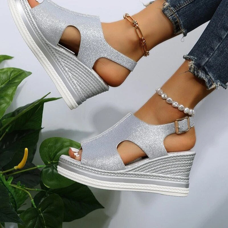 Silver shimmer peep toe wedge sandals with back strap