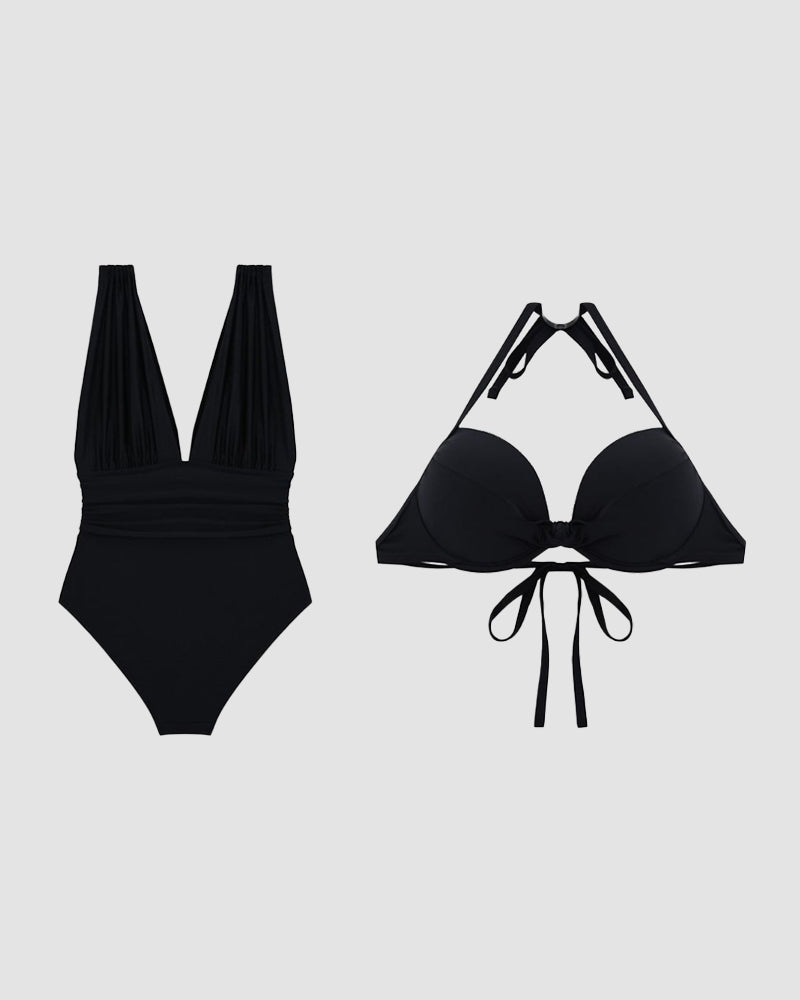 Black deep V-neck one-piece swimsuit with an elegant plunging neckline