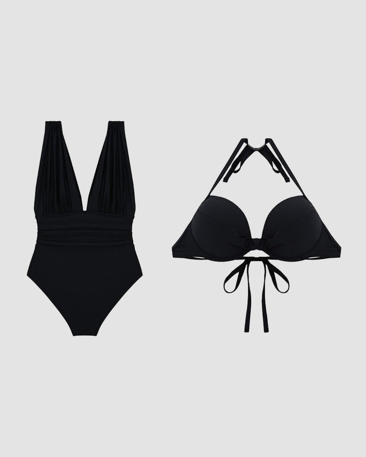 Black deep V-neck one-piece swimsuit with an elegant plunging neckline