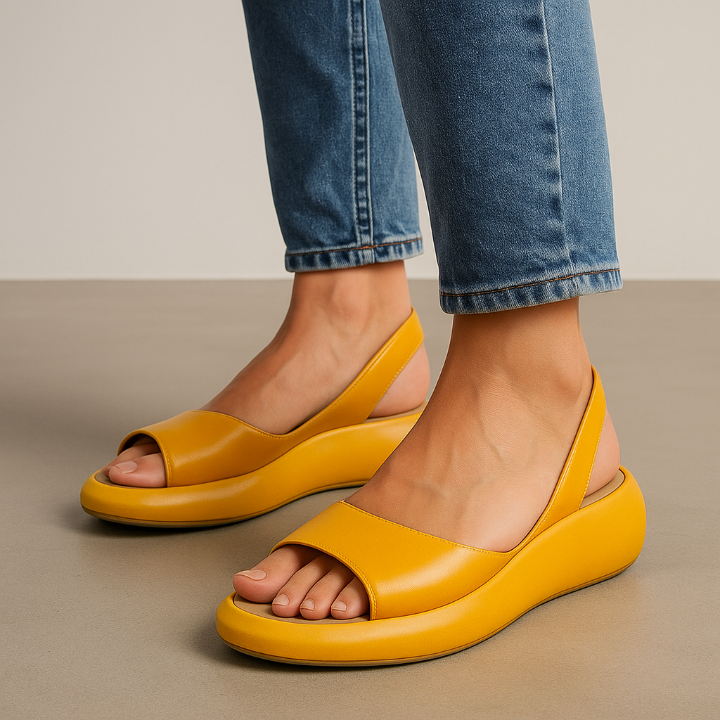 Minimal flat sandals in white, pink, blue, yellow and orange with a cushioned supportive sole
