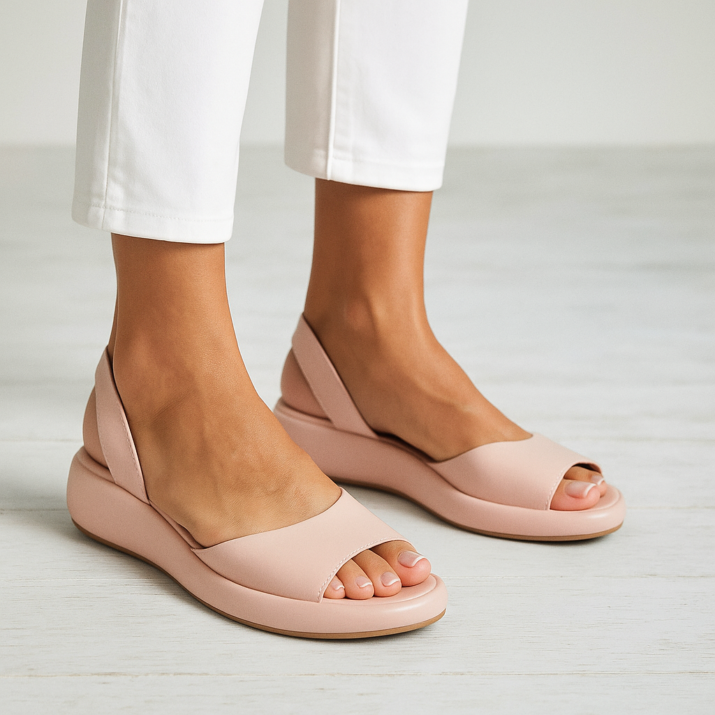 Minimal flat sandals in white, pink, blue, yellow and orange with a cushioned supportive sole